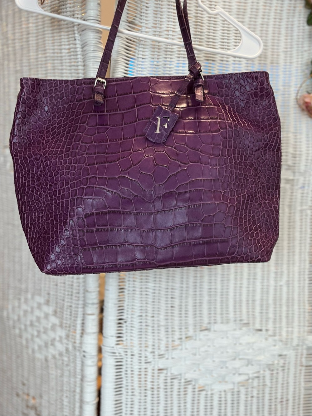 Furla Purple Crocodile Embossed Leather Tote Handbag Italy